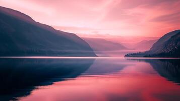 ai gegenereerd mooi landschap foto van een roze zonsondergang Aan een meer in de bergen