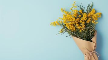 ai gegenereerd boeket van geel mimosa bloemen Aan een blauw achtergrond. foto