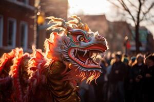 ai gegenereerd een traditioneel Chinese draak dansen de draak dans Bij de Chinese nieuw jaar festival foto