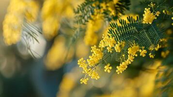 ai gegenereerd geel mimosa bloemen Aan wazig groen achtergrond. Ondiep diepte van veld. foto