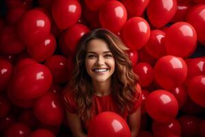 ai gegenereerd portret van een gelukkig vrouw omringd door rood ballonnen foto