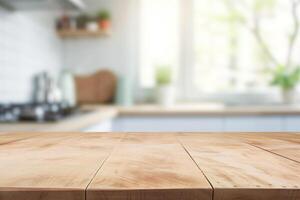 ai gegenereerd leeg hout tafel top en vervagen bokeh modern keuken interieur foto