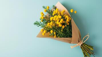 ai gegenereerd boeket van geel mimosa bloemen Aan een blauw achtergrond. foto