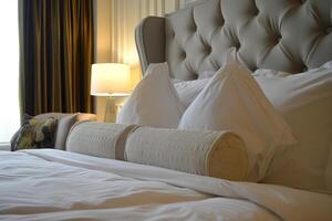 ai gegenereerd mooi bed in een hotel kamer met wit kussens foto