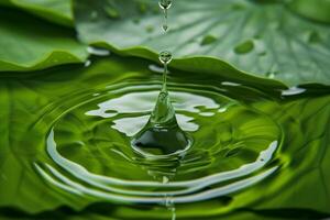 ai gegenereerd water laten vallen vallend Aan groen lotus blad met rimpelingen en golven foto