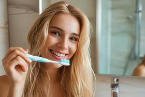 ai gegenereerd mooi jong vrouw met tandenborstel in badkamer, tanden zorg concept foto