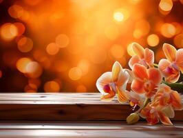 ai gegenereerd oranje orchideeën Aan houten tafel met bokeh achtergrond foto