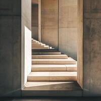 ai gegenereerd een trap in een beton gebouw met zonlicht komt eraan door foto