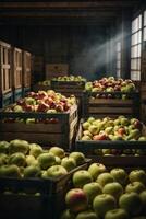 ai gegenereerd kratten gevulde met kleurrijk appels foto