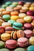 ai gegenereerd een levendig Scherm van kleurrijk macarons Aan een tafel foto