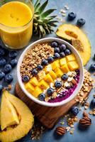 ai gegenereerd een gezond ontbijt met fruit, muesli, en oranje sap foto