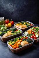 ai gegenereerd vier plastic containers gevulde met verschillend types van voedsel foto