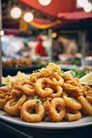 ai gegenereerd een heerlijk bord van krokant ui ringen Aan een rustiek houten tafel foto