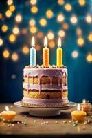 ai gegenereerd een verjaardag taart met lit kaarsen Aan een tafel foto