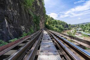 de spoorweg Bij de voet van de berg, De volgende naar de rivier- en blauw lucht tham krasae, kanchanaburi provincie mijlpaal van Thailand plaats foto