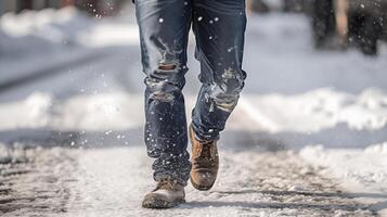 ai gegenereerd persoon wandelen in sneeuw met paar- van jeans Aan en paar- van bruin laarzen. foto