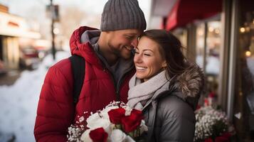 ai gegenereerd een Mens en vrouw zijn staand samen buiten in winter met een boeket van rozen in hun handen. mooi hoor cadeaus voor Dames. foto