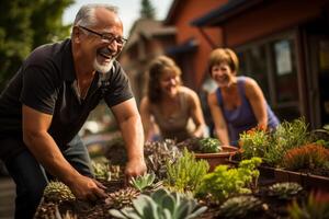 ai gegenereerd senior Mens lachend terwijl tuinieren met vrienden in gemeenschap tuin foto