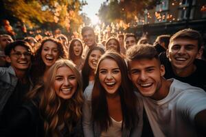 ai gegenereerd blij groep van vrienden nemen een selfie Bij buitenshuis bijeenkomst foto