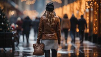 ai gegenereerd vrouw wandelingen langs nat, besneeuwd straat vervelend bruin leer jasje en zwart hoed. ze heeft bruin handtas en lang vloeiende haar. wandelen in de omgeving van winkels. foto