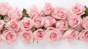 ai gegenereerd weelderig roze rozen boeket top visie Aan wit achtergrond foto
