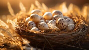 ai gegenereerd warm gouden uur licht over- kwartel eieren in nest - geschikt voor rustiek thema's foto