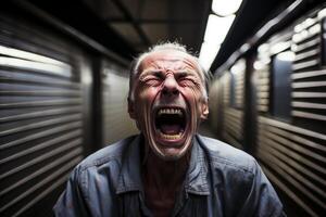 ai gegenereerd ouderen Kaukasisch Mens schreeuwen in doodsangst, geschikt voor emotioneel Gezondheid concepten foto