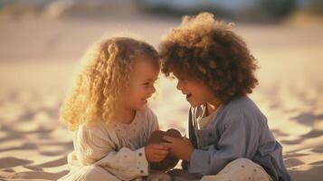 ai gegenereerd twee blij kinderen sharing een moment Aan een zanderig strand foto