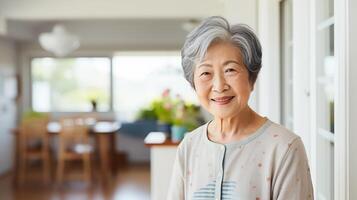 ai gegenereerd glimlachen ouderen Aziatisch vrouw Bij huis met een warm en gastvrij uitdrukking foto