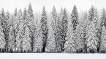 ai gegenereerd een groep van bomen gedekt in sneeuw in een Woud Oppervlakte met een wit lucht achtergrond. foto