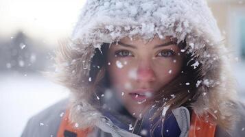 ai gegenereerd een vrouw in een winter jasje met een kap Aan haar hoofd staat Aan de straat, vervelend een reflecterende hesje. aan het wachten voor langs de weg bijstand. foto