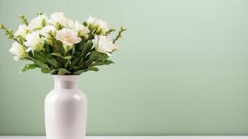 ai gegenereerd wit bloemen in vaas Aan pastel groen achtergrond. foto