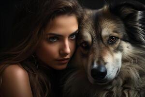 ai gegenereerd intens blik gedeeld tussen vrouw en haar loyaal herder hond foto