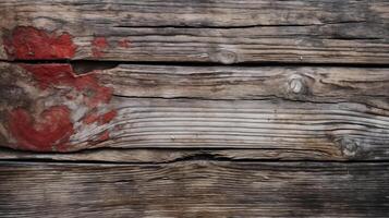 ai gegenereerd verweerd houten planken met rood verf accenten foto