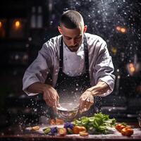 ai gegenereerd professioneel chef kunstzinnig kruiderij schotel in keuken foto