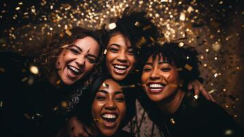 ai gegenereerd een groep van Dames staand samen met confetti vallend in de omgeving van hen en glimlachen Bij de camera met een zwart achtergrond. foto