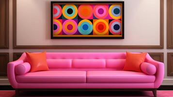 ai gegenereerd chique roze sofa met abstract kunst in een elegant modern interieur foto