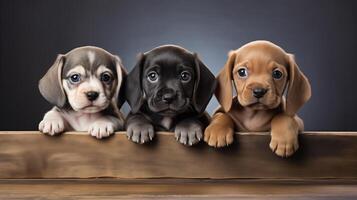 ai gegenereerd trio van aanbiddelijk puppy's gluren over- houten barrière foto