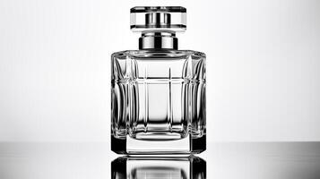 ai gegenereerd Doorzichtig glas parfum fles Aan reflecterende oppervlakte met dramatisch verlichting foto