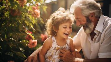 ai gegenereerd blij kleindochter met opa, zonovergoten, hartverwarmend band. foto