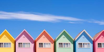 ai gegenereerd rij van kleurrijk strand huizen onder blauw lucht foto