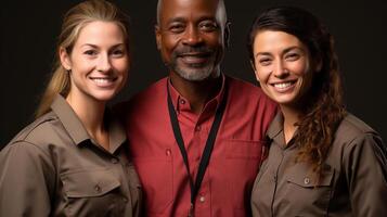 ai gegenereerd verschillend team van professionals glimlachen samen in uniform foto