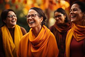 ai gegenereerd groep van Dames lachend blij in herfst- instelling foto