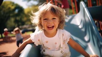 ai gegenereerd blij kleuter glijden Bij speelplaats, Super goed voor kinderjaren en actief levensstijl inhoud foto