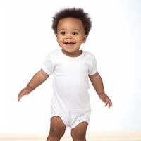 ai gegenereerd studio mockup van glimlachen baby in duidelijk wit bodysuit foto