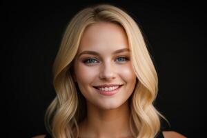 ai gegenereerd portret mooi blond model- vrouw met wit tanden glimlach, gezond lang haar- en schoonheid huid Aan zwart achtergrond. concept van reclame tandarts en gelaats zorg. generatief ai foto