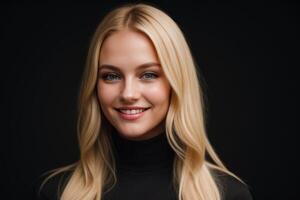 ai gegenereerd portret mooi blond model- vrouw met wit tanden glimlach, gezond lang haar- en schoonheid huid Aan zwart achtergrond. concept van reclame tandarts en gelaats zorg. generatief ai foto