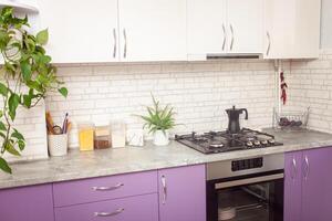 keuken Purper, lavendel kleur, wit kasten, groen bloemen, zwart oven foto