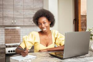 portret van mooi Afrikaanse Amerikaans freelancer vrouw, tafel in keuken. werk Aan laptop, binnen. looks in camera foto
