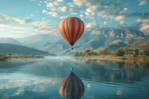 ai gegenereerd een heet lucht ballon vliegt over- een lichaam van water Aan bewolkt lucht foto